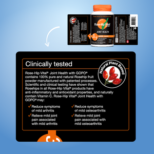 Rose-Hip Vital Joint Health supplement packaging with clinical information on a blue background