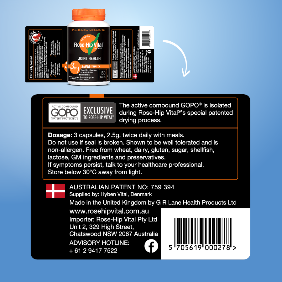 Back label of a supplement bottle with product details on a blue background