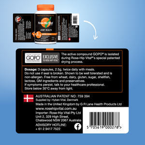 Back label of a supplement bottle with product details on a blue background