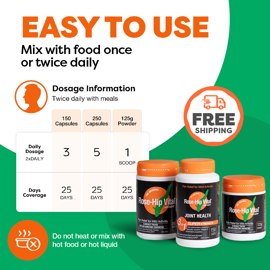 Supplement packaging with dosage information and free shipping offer on a green and white background