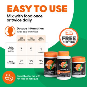 Supplement packaging with dosage information and free shipping offer on a green and white background