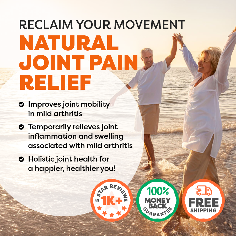 Advertisement for natural joint pain relief with a couple on a beach.