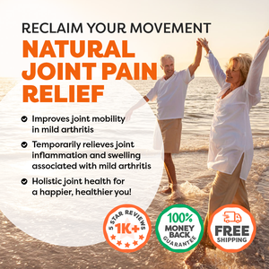 Advertisement for natural joint pain relief with a couple on a beach.