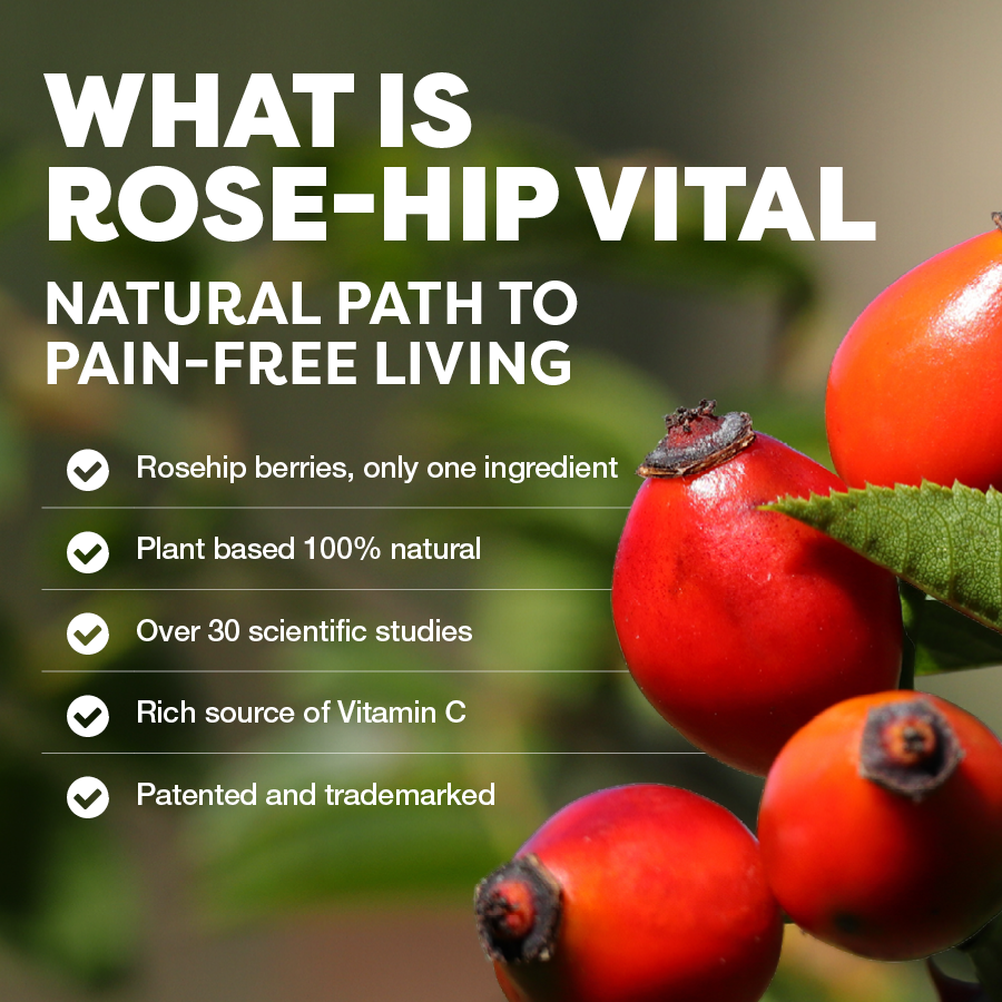 Rosehip berries with text about Rose Hip Vital on a blurred natural background