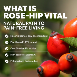 Rosehip berries with text about Rose Hip Vital on a blurred natural background