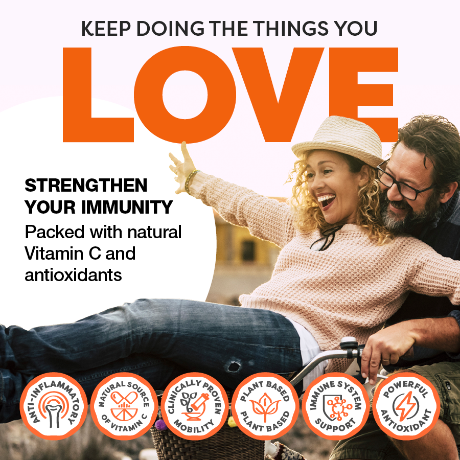 Couple sitting together with text about strengthening immunity and vitamin C, surrounded by product icons.