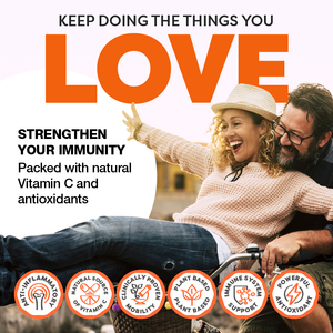 Couple sitting together with text about strengthening immunity and vitamin C, surrounded by product icons.