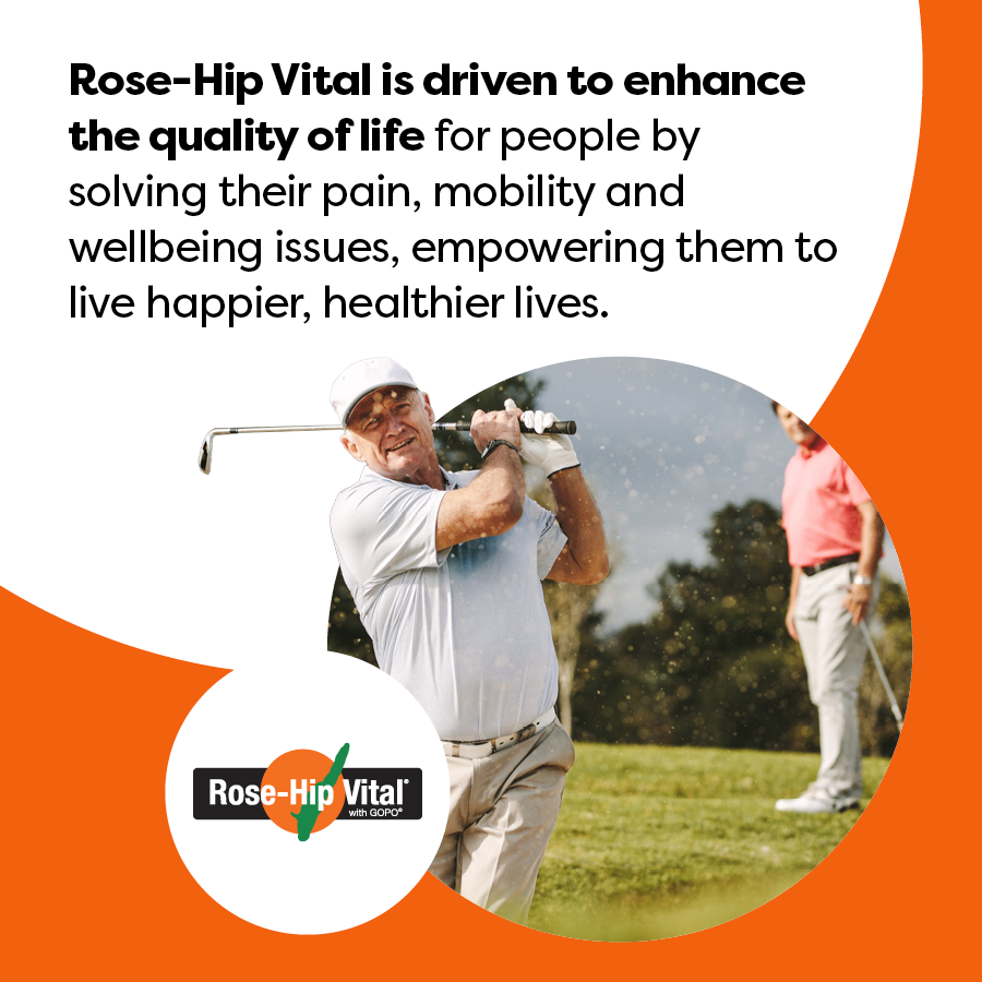 Advertisement for Rose-Hip Vital with a man golfing and text about enhancing quality of life.