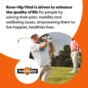 Advertisement for Rose-Hip Vital with a man golfing and text about enhancing quality of life.