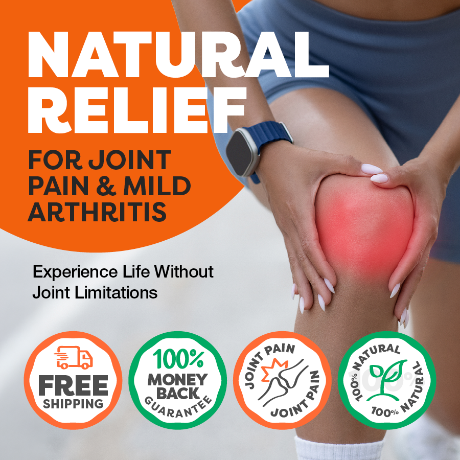 Advertisement for natural relief for joint pain and mild arthritis with a person holding their knee.