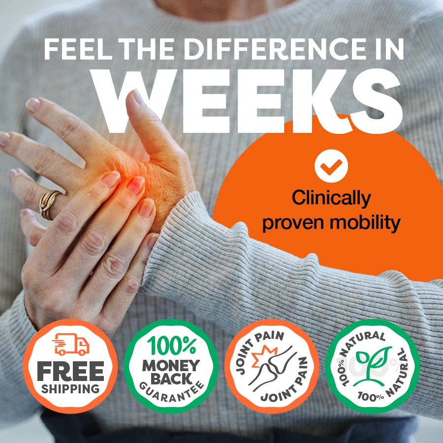 Promotional image with a person holding a hand with pain, text about clinically proven mobility, and various icons and promises.