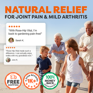 Advertisement for a product with a family on a beach and text about natural relief for joint pain and mild arthritis.