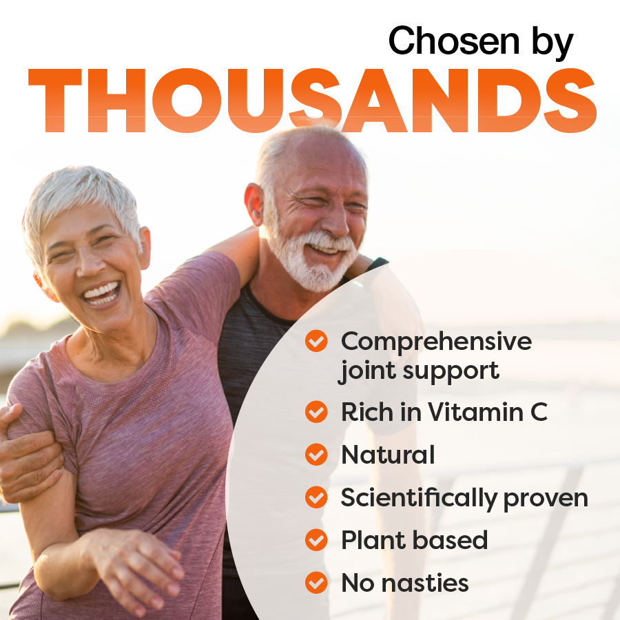 Two people embracing with text about joint support product features on a white background