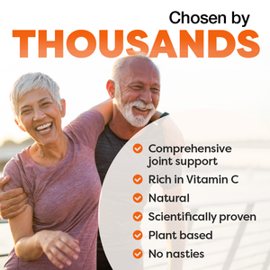 Two people embracing with text about joint support product features on a white background