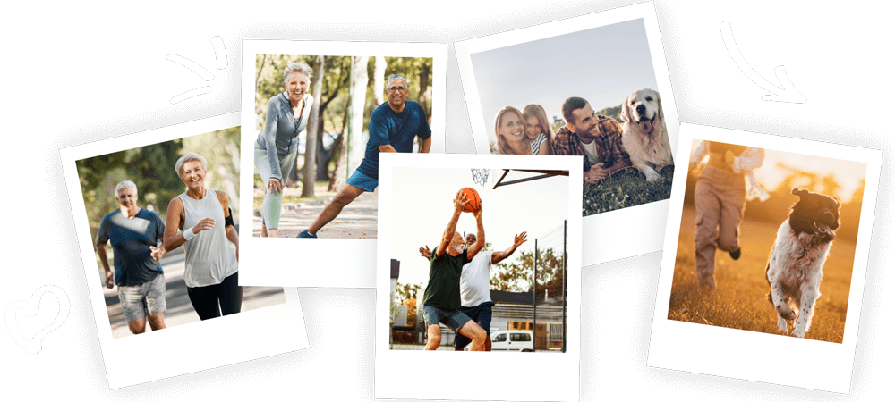 Collection of Polaroid-style photos featuring people and animals on a black background.