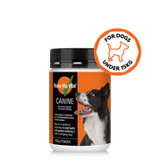 A bottle of Rose-Hip Vital Canine joint support powder for dogs under 15kg, featuring an orange and black label with a dog photo, and an orange circular badge that reads 'FOR DOGS UNDER 15KG'.
