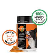 A bottle of Rose-Hip Vital Canine joint support powder for dogs under 15kg, shown on a white background with a green '100% Money Back Guarantee' badge and an orange powder scoop with powder spilled.